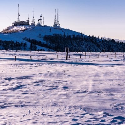 雪化粧した電波塔の写真