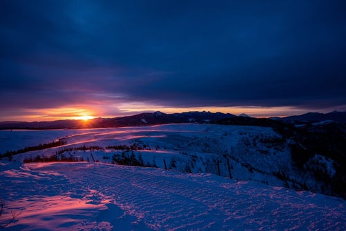 夕日が照らす大雪原の写真