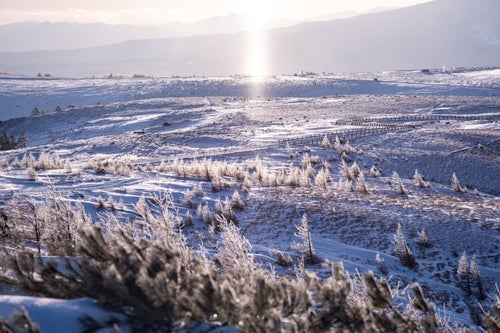 冬の美ヶ原高原とサンピラー（太陽柱）の写真