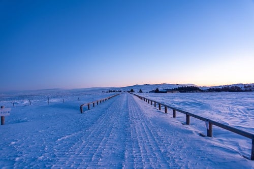 冬の美ヶ原高原と夜明け前の一本道の写真