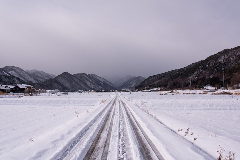 積雪した冬の田園を進む一本道の写真