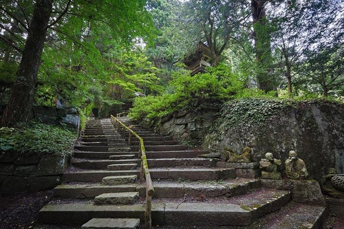鐘楼への石段と東堂山満福寺の境内の写真