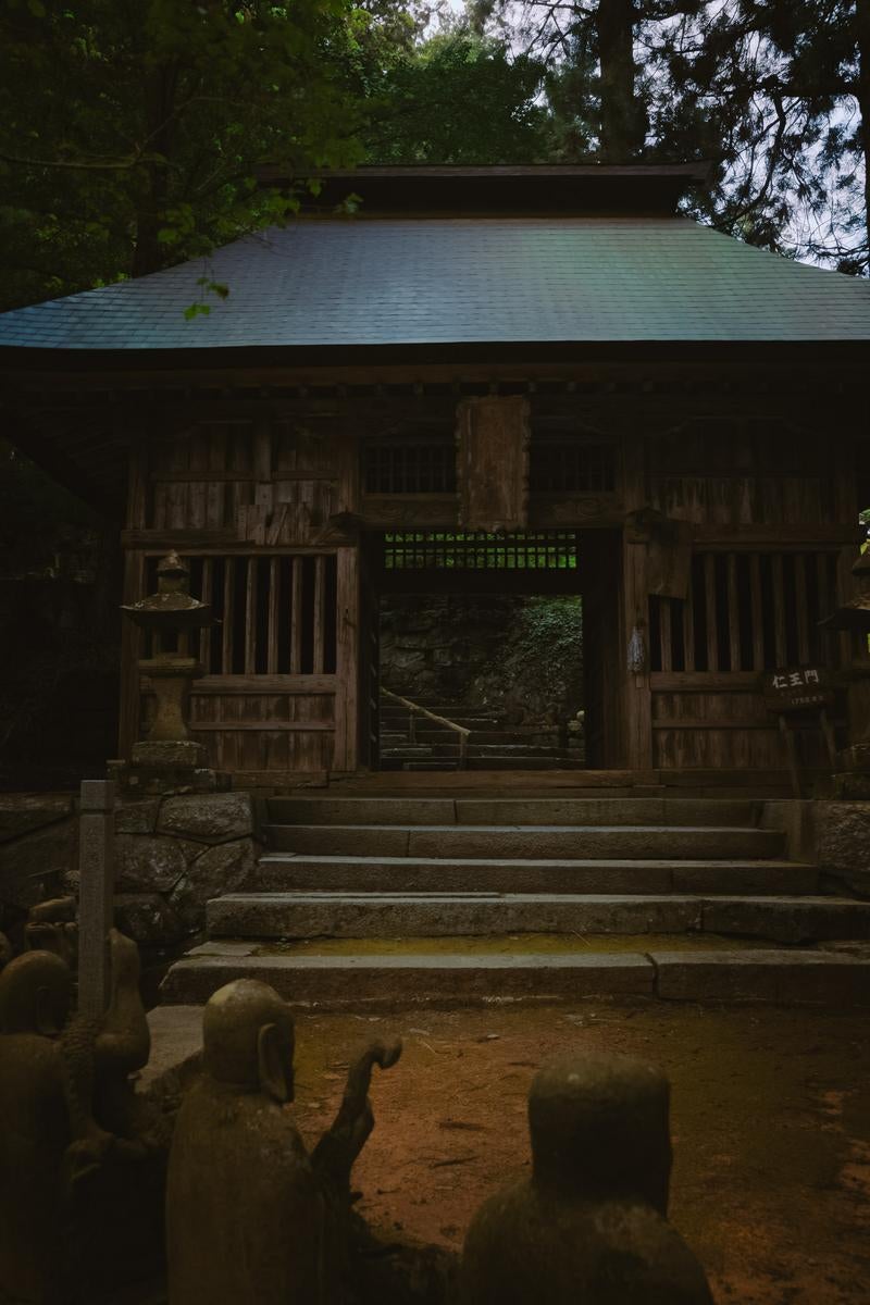 「暗がりから浮かび上がる東堂山満福寺仁王門」の写真