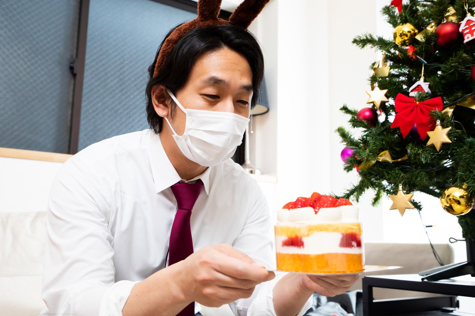 「小振りのクリスマスケーキを見つめるクリボッチャー」の写真［モデル：大川竜弥］