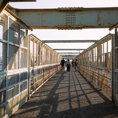 撤去開始前（2023年）の三鷹こ線人道橋を見に来る人々の写真