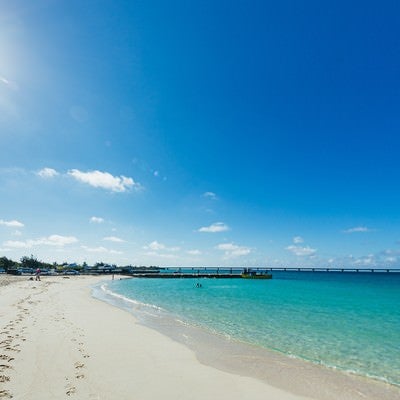 透き通る青い空と浜辺に残る足跡の写真