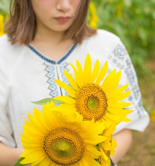 向日葵の花を抱えた女性の写真