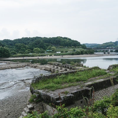 漏水の影響で姿を見せた旧頭首工跡の石組みとひび割れた地面や人々が歩くことが出来るまで乾いてしまった砂地の写真