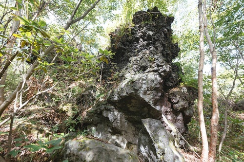 鬼押出しの二層になった溶岩（下が噴出時の溶岩、上がドロドロに流出した溶岩）の写真
