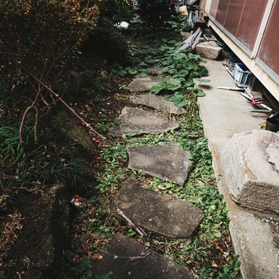 空き家の庭と石畳の写真