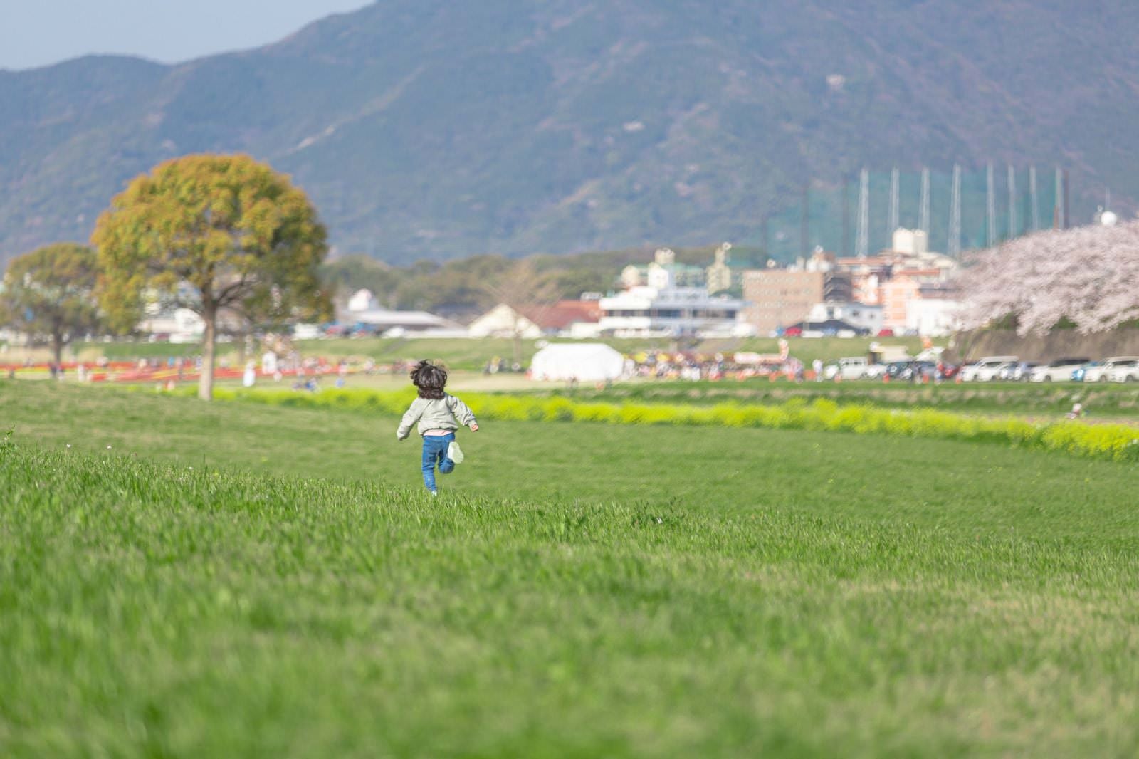 「河川敷を走る子供」の写真