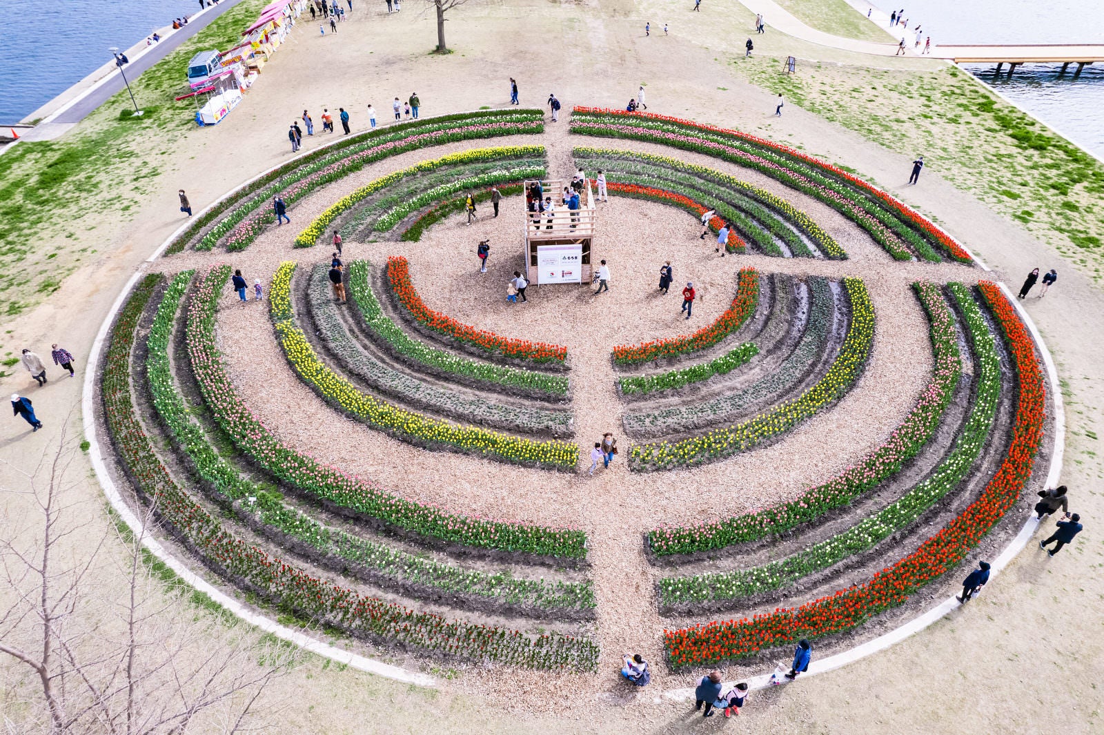「のおがたチューリップフェア2022の円形花壇に集まる人たち」の写真