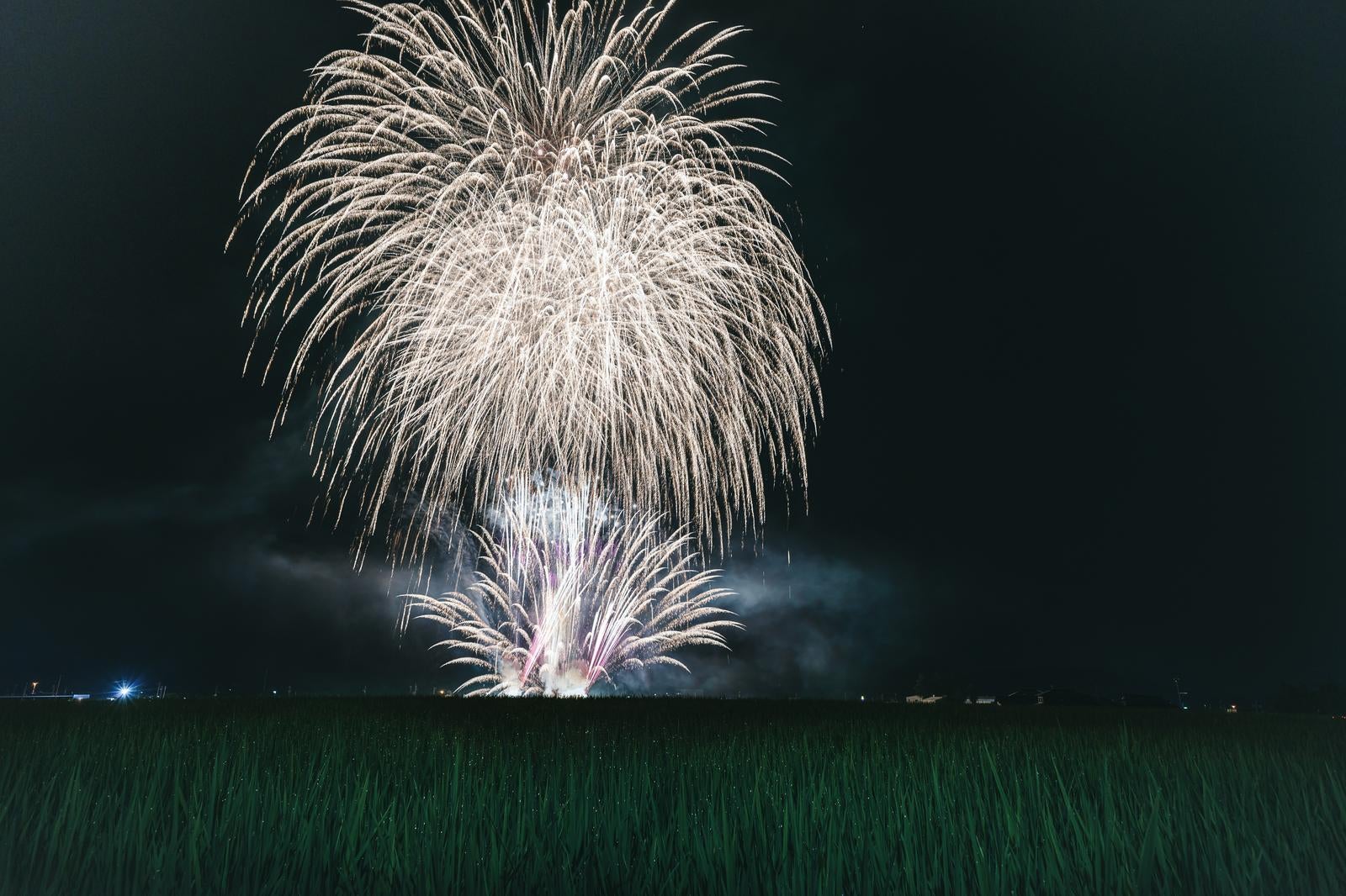 「広角レンズに入りきれないほどの大きさで打ち上げられたフィナーレの花火（おおたま夏祭り）」の写真