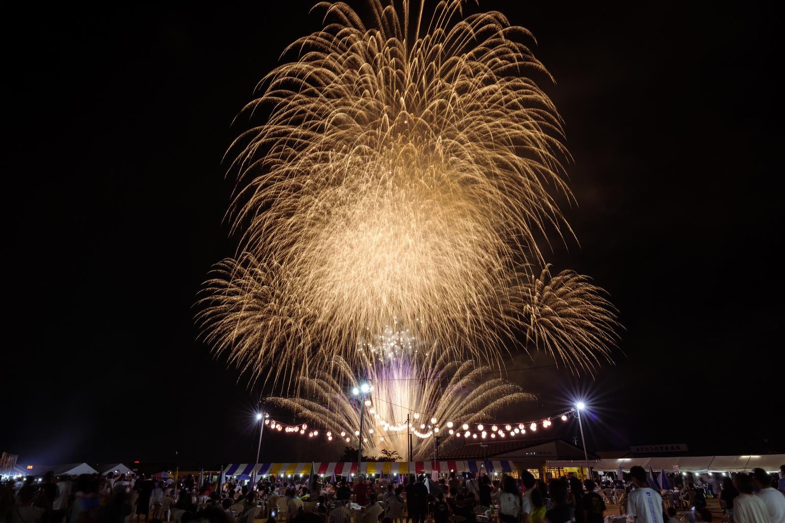 「夏祭りの打上げ花火、大玉村花火大会の夜空」の写真