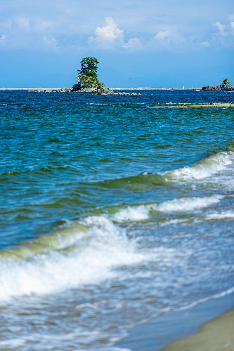 「雨晴海岸の押し寄せる波と女岩 (めいわ)」の写真
