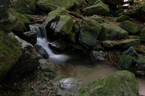 岩場を流れる小川の写真