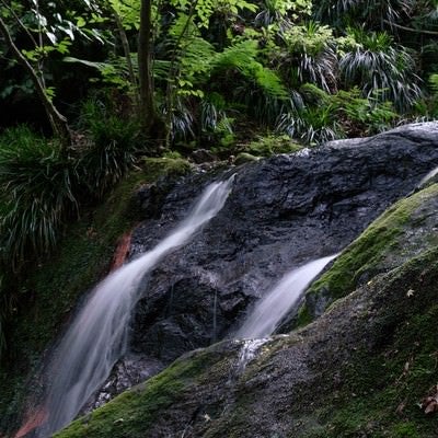 岩を削る滝の流れの写真