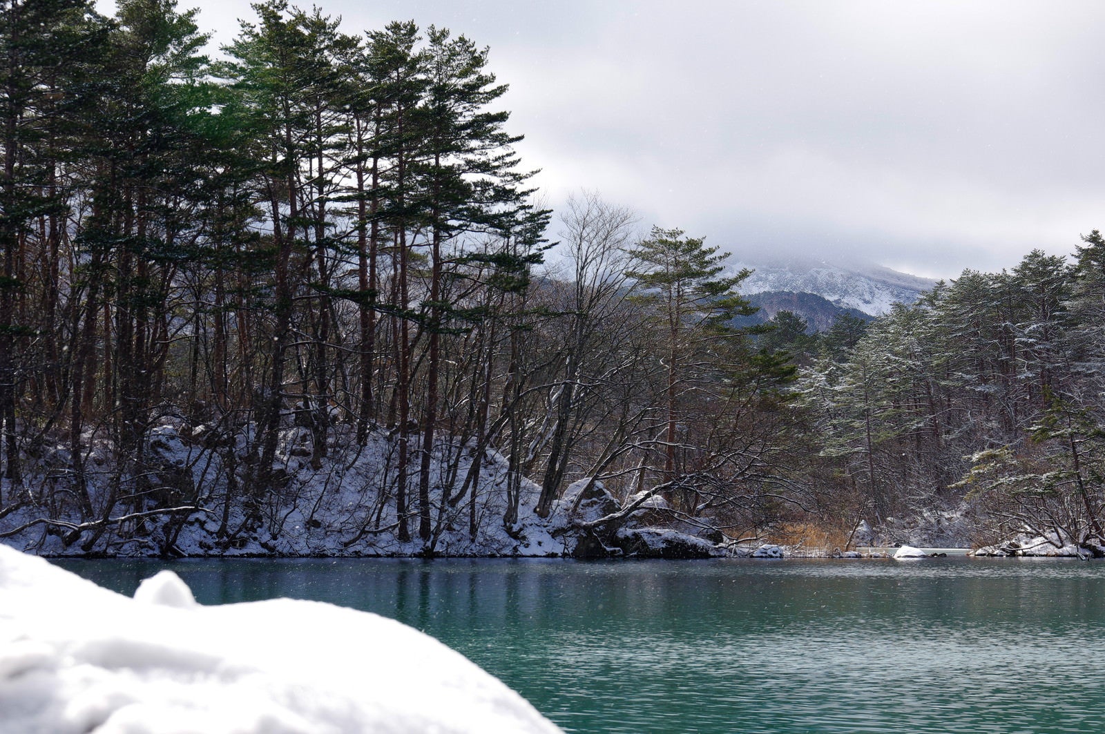 「雪景色の毘沙門沼（福島県五色沼）」の写真