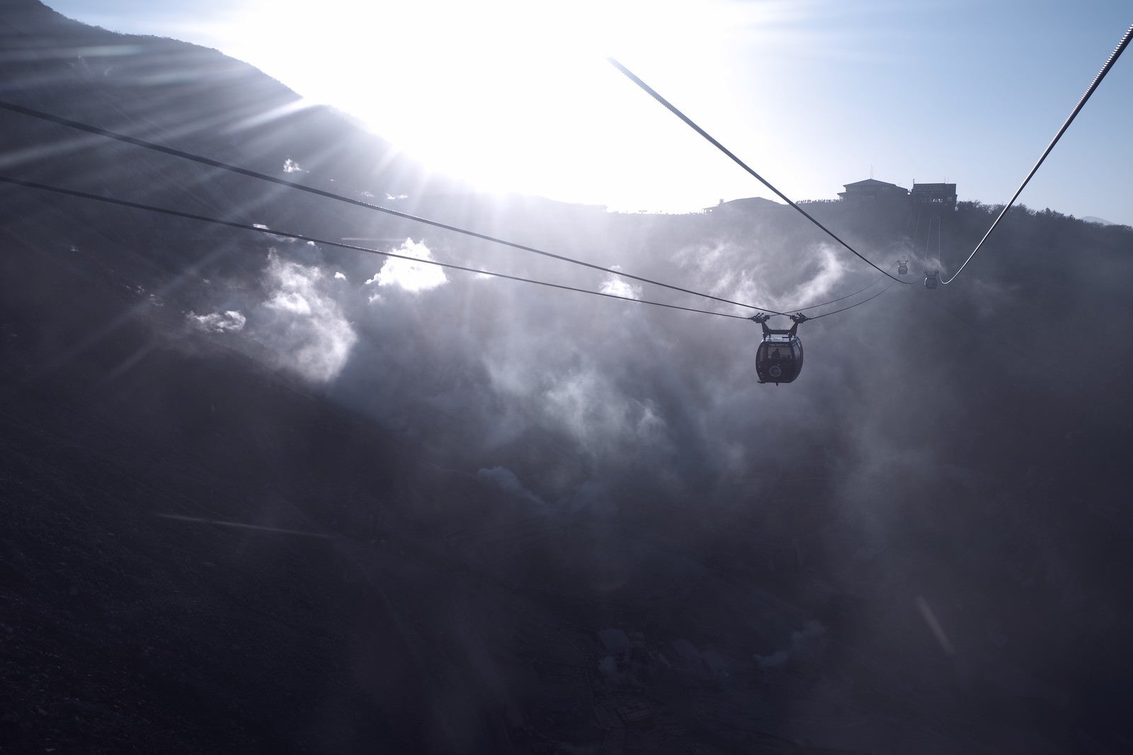 「蒸気が沸き立つ大涌谷の上を走るロープウェイ」の写真