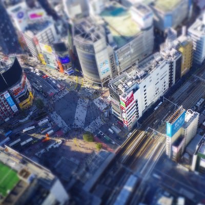渋谷スクランブルの屋上から撮影した交差点（ジオラマ風）の写真