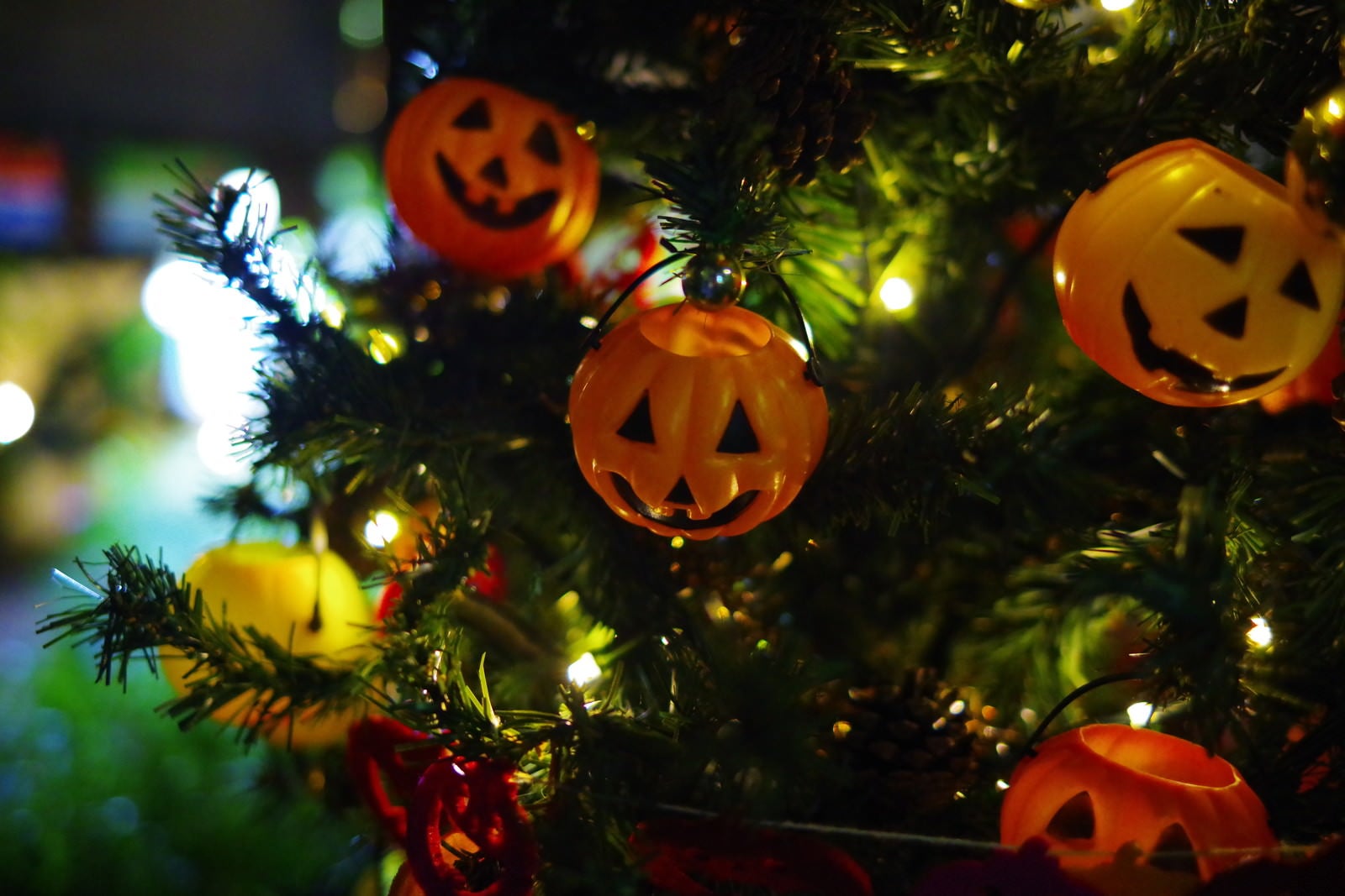 「ツリーに飾られたハロウィンかぼちゃ」の写真