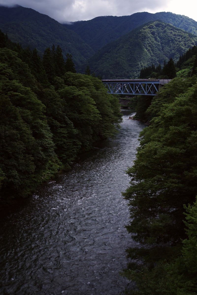 「緑に包まれる庄川峡と大橋」の写真