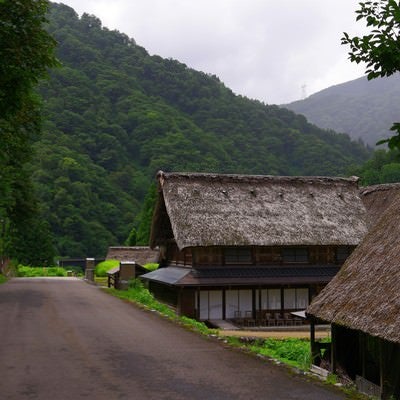 道路越しに見える集落（富山県南砺市）の写真