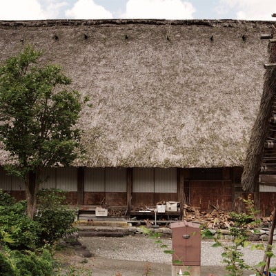 茅葺屋根と軒下の薪（富山県南砺市）の写真