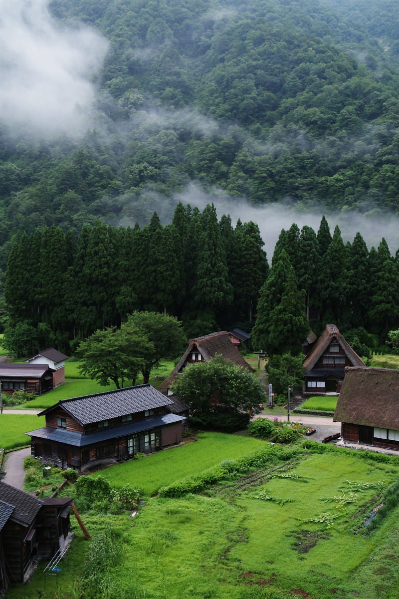 俯瞰して見る早朝の菅沼集落（富山県南砺市）の写真