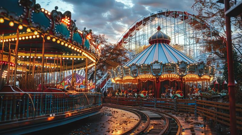 ライトアップされた夕闇に浮かぶ遊園地のメリーゴーラウンドとジェットコースターの写真