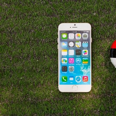 芝の上にある紅白ボールとスマートフォンの写真