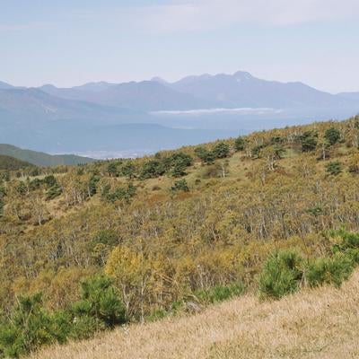 紅葉する四阿山の山肌と北信五岳方面の写真