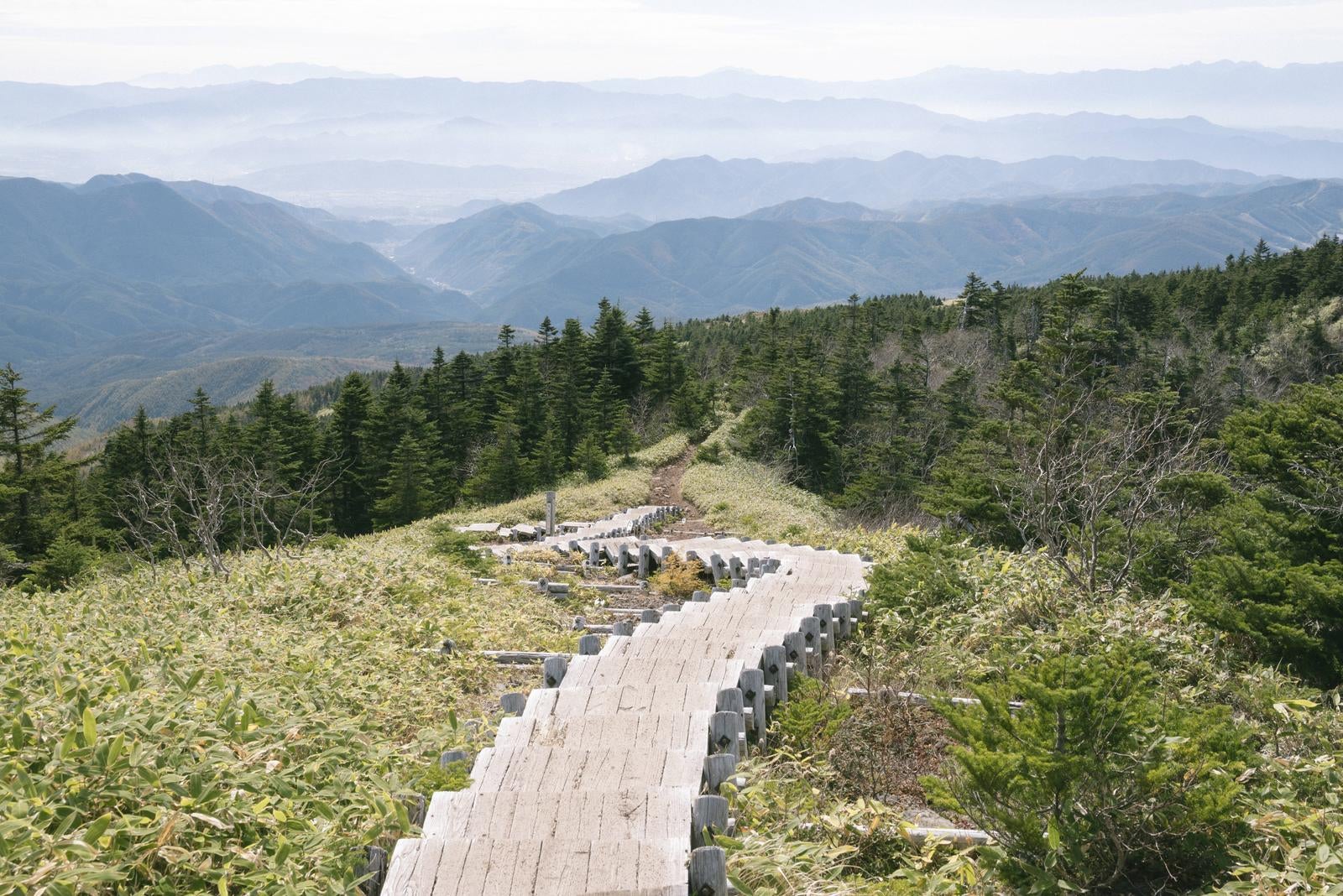 「四阿山山頂へ導く木製遊歩道と霞む山並みの風景」の写真