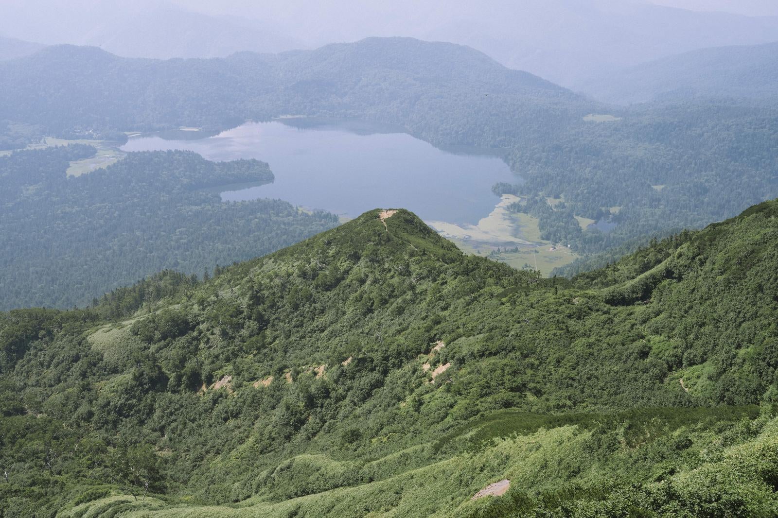 「稜線を越えた先に広がるミノブチ岳と尾瀬沼」の写真