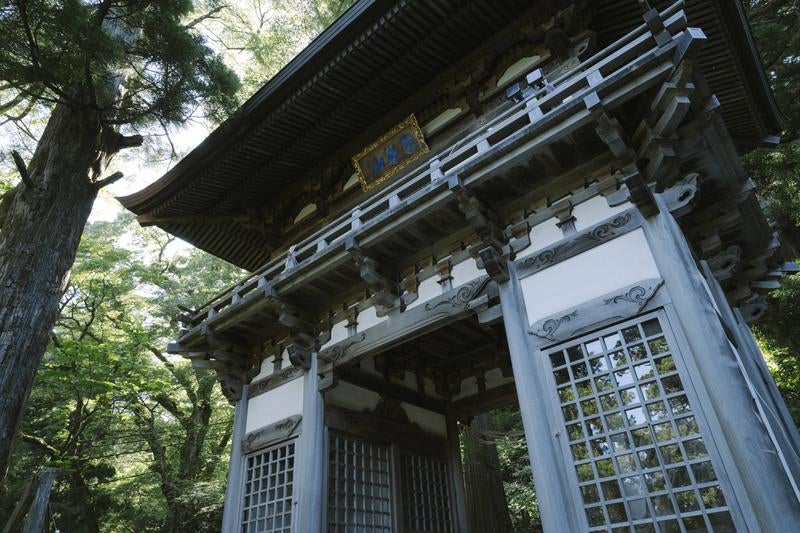 重厚な木造の大山寺の山門の写真