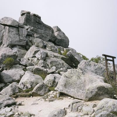 聳える巨大な五丈岩と鳥居の写真