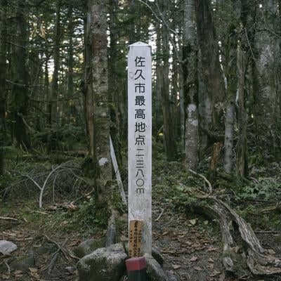 山深い森の中に佇む佐久市最高地点の標識の素材