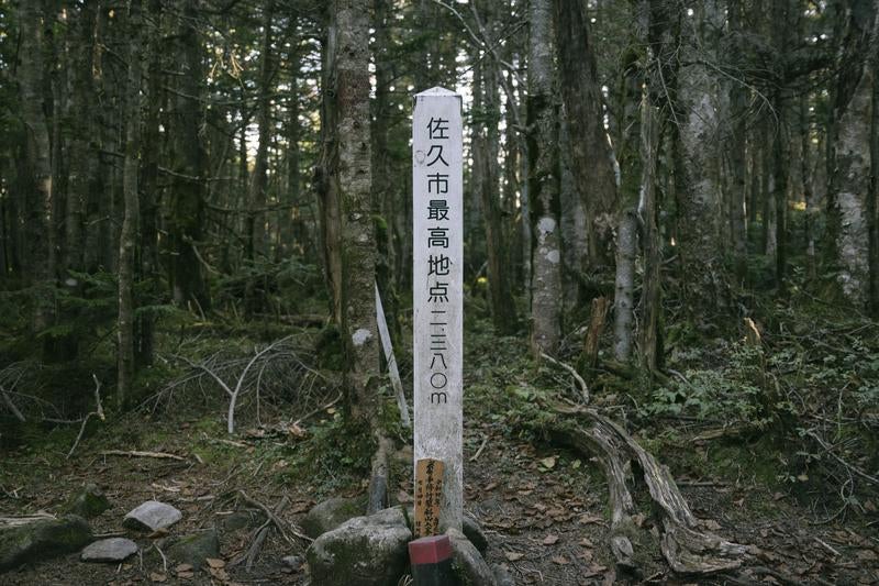 山深い森の中に佇む佐久市最高地点の標識の写真