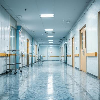 静まり返った無人の病院の廊下の写真
