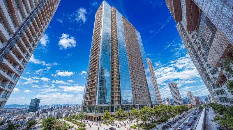 都市を見下ろす超高層タワーの圧倒的存在感の写真