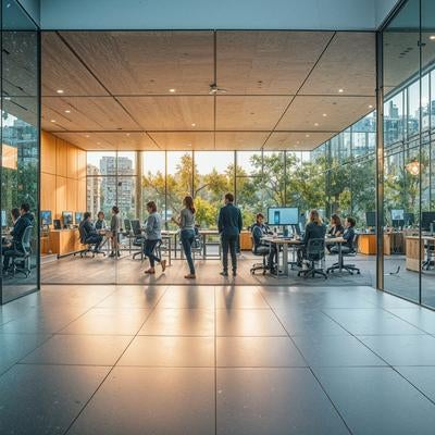ガラス張りのモダンオフィスで働くビジネスパーソンの写真