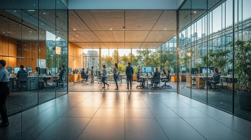 ガラス張りのモダンオフィスで働くビジネスパーソンの写真