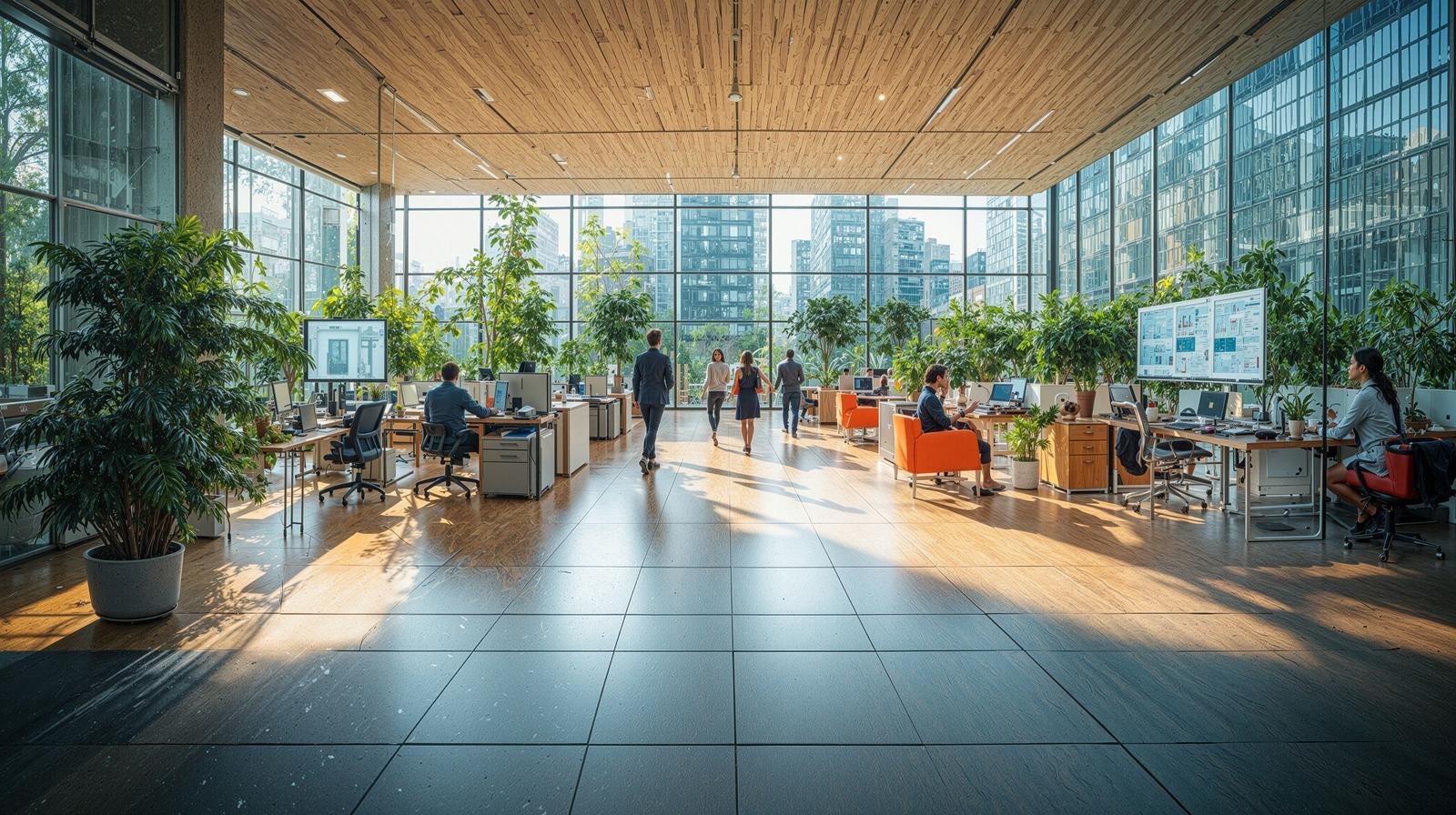 広々としたモダンオフィス風空間で、木製天井と大窓から採光が入るビジネス環境
