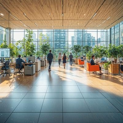 木製天井と大窓の採光が広がるモダンオフィス風空間の写真