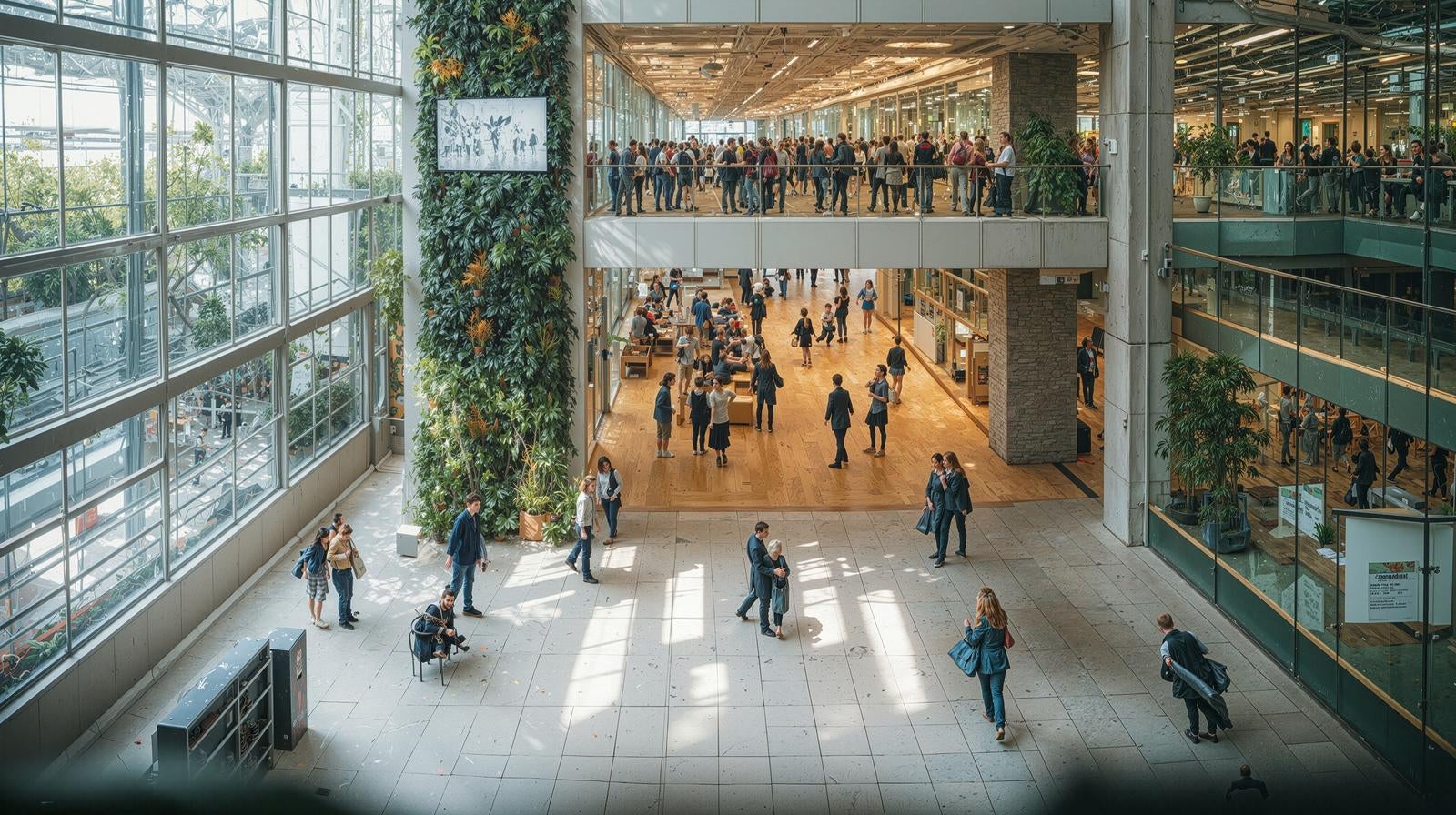 モダンなガラス張り建築の内部で複数階から人々が行き交う風景