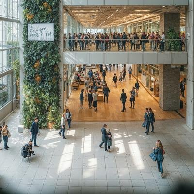 都市型ビルの共有スペースに集う人々の多様な風景と空間の写真