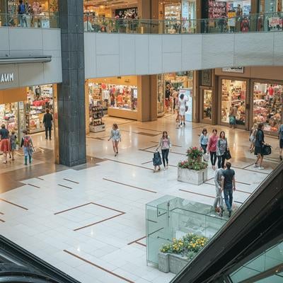 複数フロアで賑わう大型テナントビルの館内風景と来店客の歩行者風景の写真
