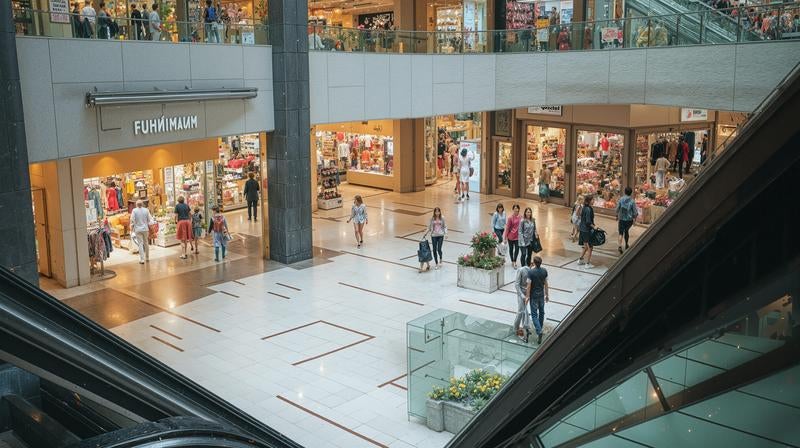 複数フロアで賑わう大型テナントビルの館内風景と来店客の歩行者風景の写真