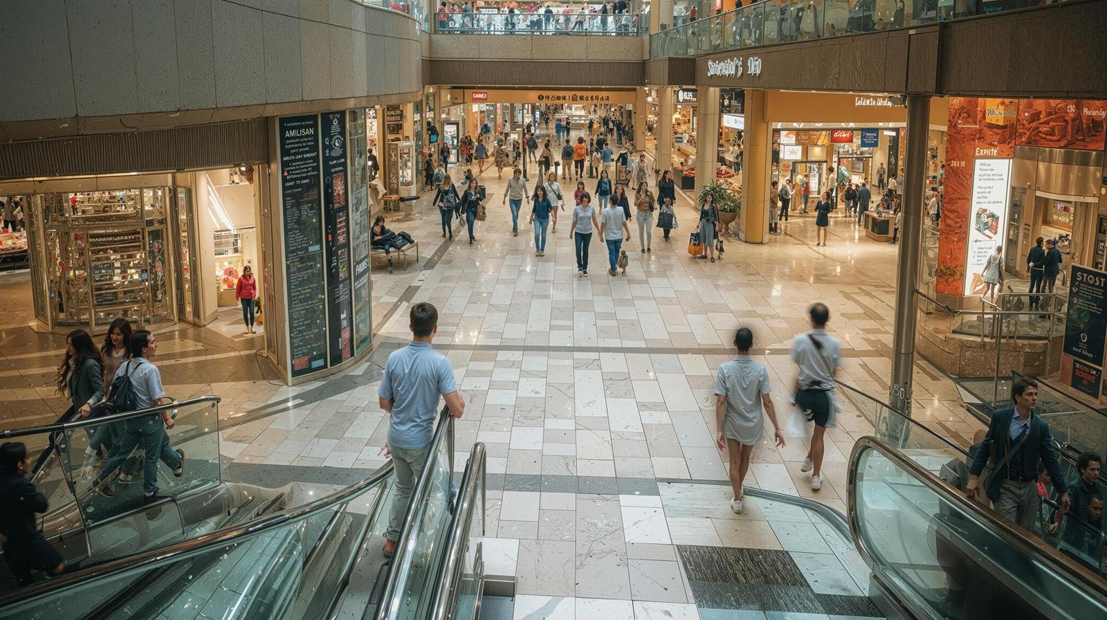 ショッピングモール内の白い床を歩く多くの買い物客と店舗が並ぶ光景