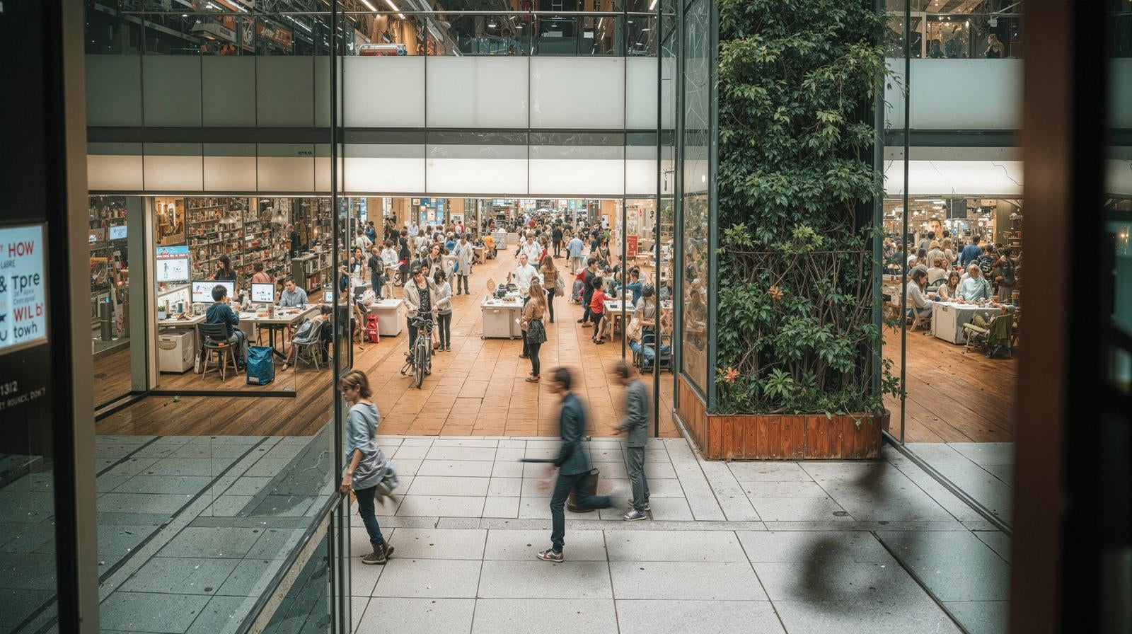 ショッピングモール内フロアを歩く複数の来店者と観葉植物